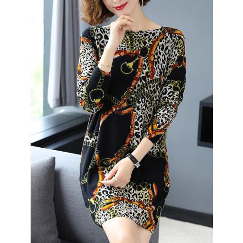 Long Sweater Dress Autumn Fashion Long Sleeve Pullovers Print Leopard Knitwear Jumper Plus Size Sweater Women