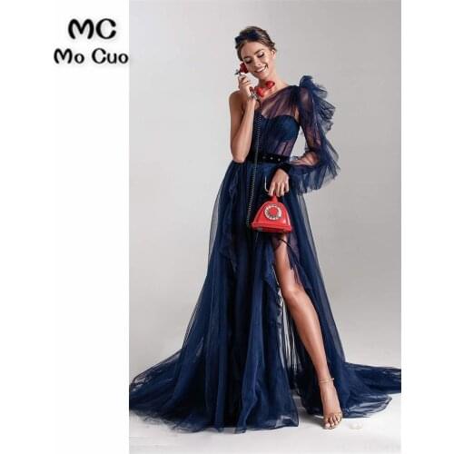Long 2021 Dark Blue Prom Evening Dresses for Teens One Shoulder Full Sleeves Draped Tulle Prom Gown for Womens
