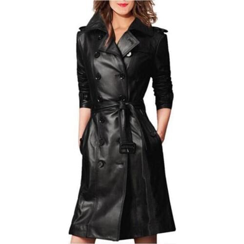 Plus Size Long Sleeve Female Overcoat Double-breasted Long Coat Ladies Windbreaker Women Spring Autumn Pu Leather Trench Coat