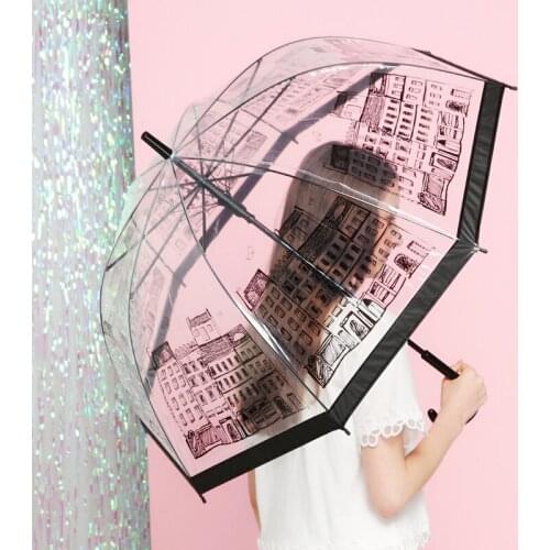 Transparent Umbrella British Building Long-Handle Umbrellas Semi Automatic City Pattern Clear Umbrella Kid Travel Outdoor Supply