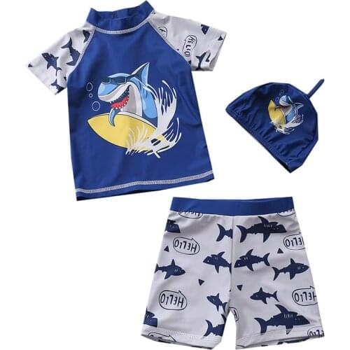 2021 New Childrens Swimwear Boys Cartoon Shark Swimsuit Two Piece Kid Boys Bathing Suit With Hat Boys Swimming Suits