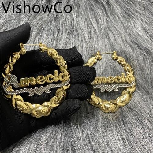 60mm Hiphop Sexy Custom Bamboo Hoop Earring Personalized Name Earring XOXO Bamboo Style Custom Earrings for Christmas Gift