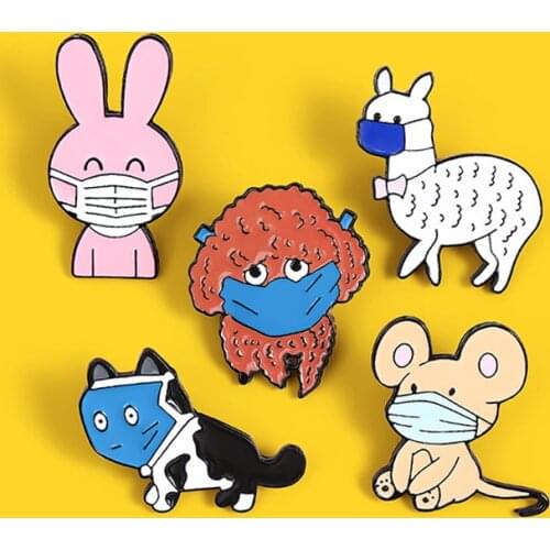 Keep healthy Mask Animals Enamel Pins Rabbit Mouse Dog Cat Alpaca Brooches Badges Fashion Gifts for Friends Jewelry Wholesale