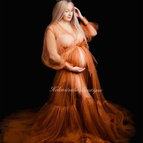 Boho Style Orange Maternity Gowns For Photo Shoot Luxury Women Pregnancy Photography Outfit Maxi Gown Tule Long Dress