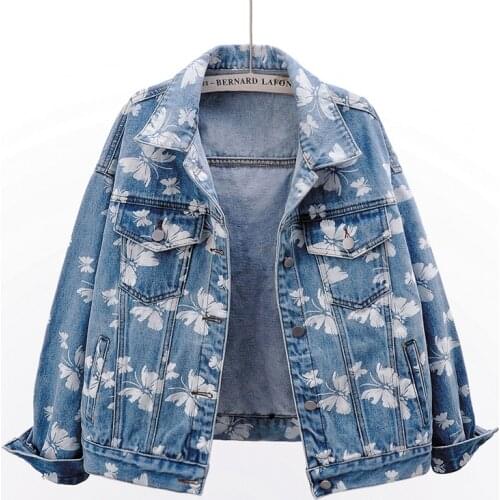 2021 Spring Autumn Butterfly Print Short Denim Jacket Womens Loose Korean Basic Coat Tops Vintage Long Sleeve Outerwear