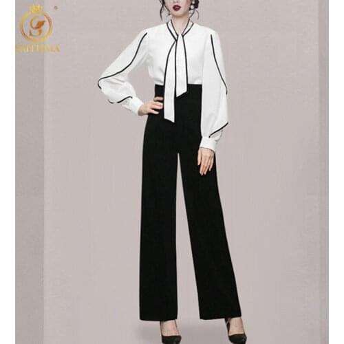 SMTHMA 2021 Summer Korean Contrasting Color Scarf Blouse + Loose Straight Black High Waist Draping Casual Pants Two-Piece Suit