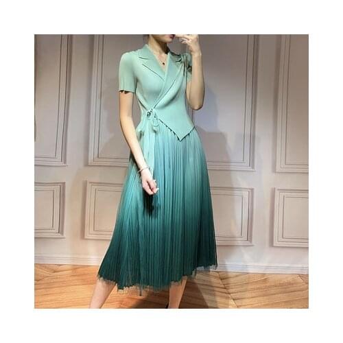 HOT SELLING Miyake Fashion wrist turndown collar fold dress Mesh dress Gradient Pleated dress IN STOCK