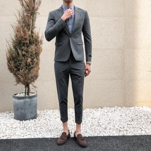 2021 Men Spring Summer British Style Blazer Suits Male Slim Business Suit Groom Wedding Dress Mens Casual Suit 2 Piece Sets W460