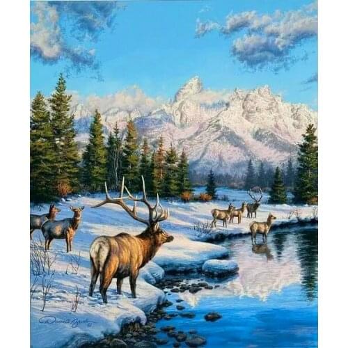 Snowy Forest Elk Scenery Cross Stitch Kits 14CT Unprinted For Embroidered Handmade Arts Set Wall Home Decor Handmade