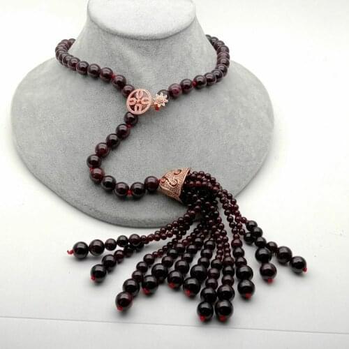 Natural Round Garnet Necklace Tassel Zircon Pave Cap Pendant 29"