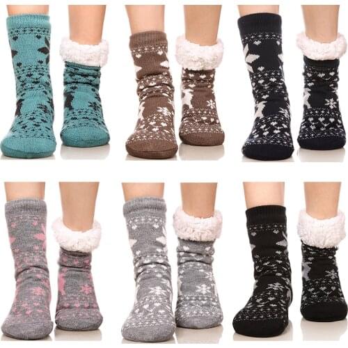Skinfullysweet Style Reindeer Home floor Socks Home Slipper Womens Winter Warm Fuzzy Anti-Skid Lined Indoor Floor Slipper Socks