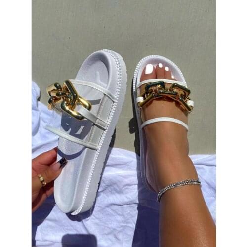 2021 summer new fashion sexy solid color transparent metal decoration open-toed low-heeled outdoor female slippers