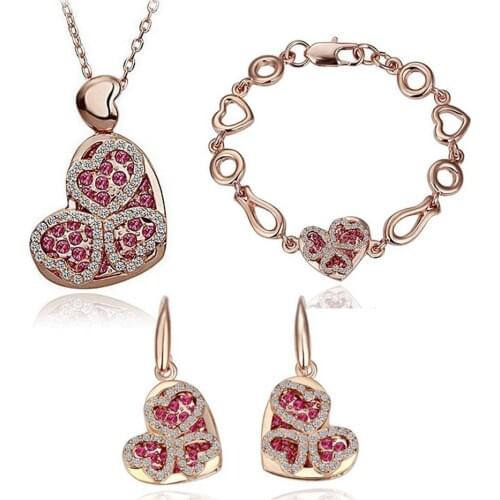 Wholesales Fashion Jewelry silver Plated Rhinestone Crystal Hollow Peach Heart Crystal Jewelry Sets for women