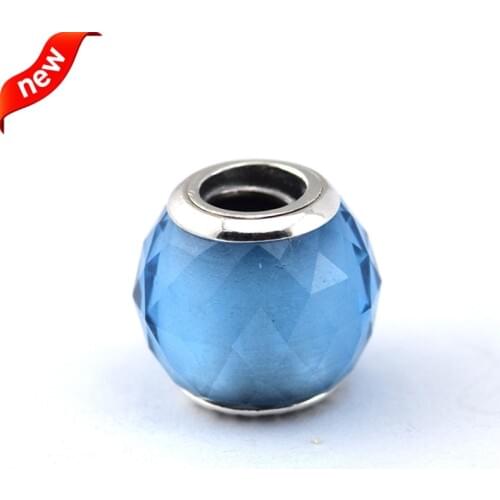 Fits For Pandora Braclets Geometric Facets Charms with Sky Blue Crystal 100% 925 Sterling Silver Beads Free Shipping