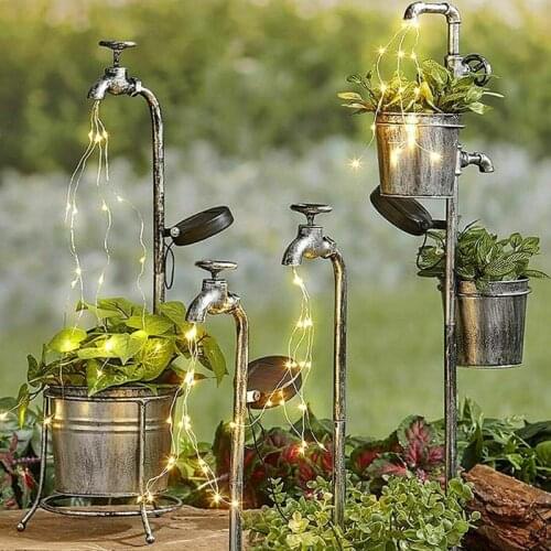 Drop Shipping Outdoor Garden Art Light Decoration Solar Powered Water Faucet Planter Watering Can Style Fairy LED Strands Lamp