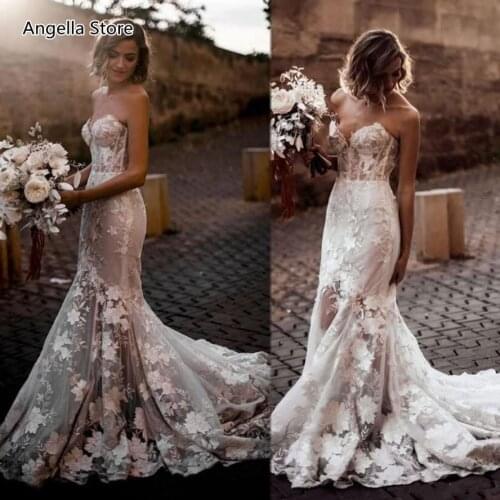 Romantic Mermaid Floral Lace Country Wedding Dresses 2021 Strapless Sweetheart Corset Bohemian Beach Bridal Gowns Appliques Long