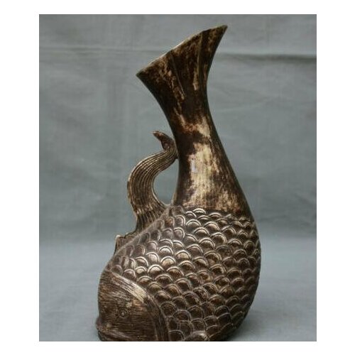 10" Qianlong Marked Old China Silver Dynasty Year Fish Pot Bottle Vase Statue