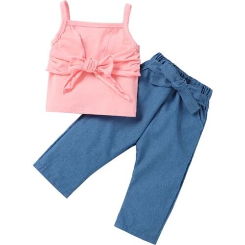 Stylish Toddler Baby Solid Color 2Pcs Set Little Girls Square Collar Sleeveless Sling Tops+ Elastic Long Pants Set 6M-4Y