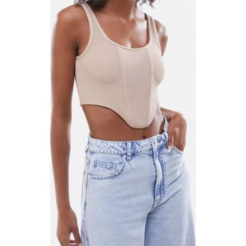 TRAF Women 2021 Fashion Rib Slim Cropped Knitted Vintage Backless Square collar Sling Female Tops Streetwear