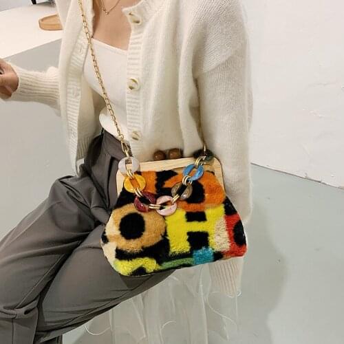 Wood Clip Autumn and Winter Plush Handbag Woman 2021 New Designer Korean Acrylic Chain Shoulder Crossbody Bag Clutch Female
