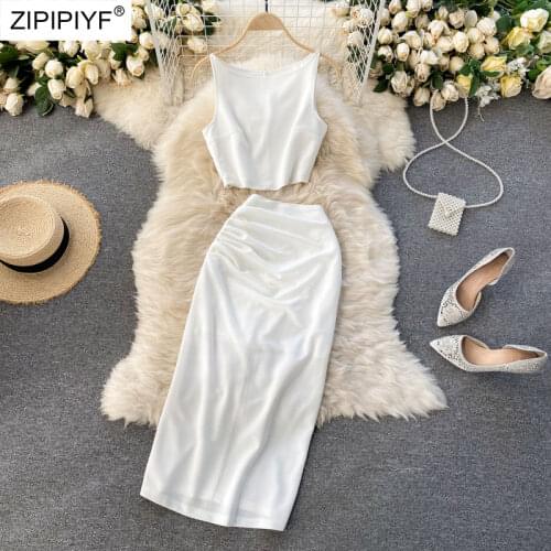 2021 Summer Runway Fashion Solid Color O Neck Tank Sleeveless Cropped Top Wrap Back Slit High Waist Simple Women Suits Z152