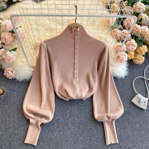 Spring Autumn Sweater Coat Korean Puff Long Sleeve Women Knitwear 2021 Spring New Single Breasted Turtleneck Knitted Cardigan