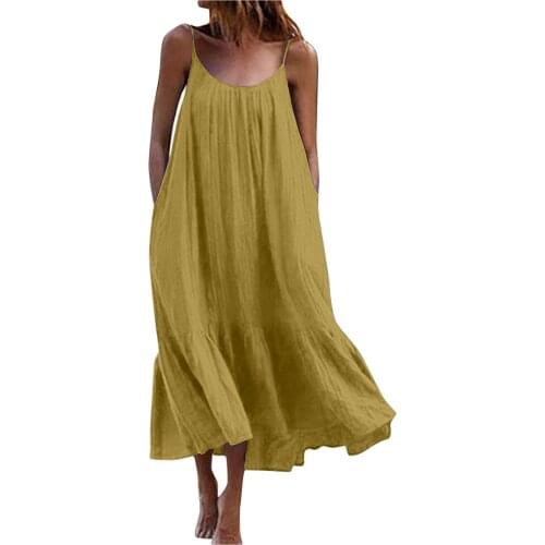 Women A-line Dresses Solid Color Dress Tropical Solid Backless Maxi Dress Sexy Sleeveless Beach Dress Spaghetti Strap Pockets