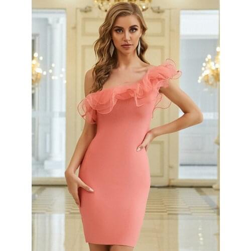 Adyce New Summer Pink One Shoulder Bandage Dress Women Sexy Ruffles Sleeveless Mesh Vestidos Club Celebrity Evening Party Dress