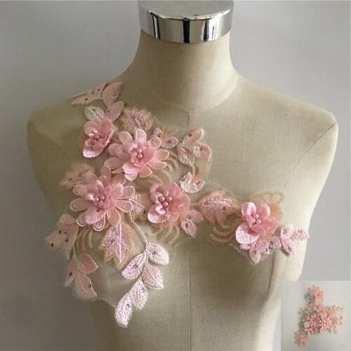 1 Pcs Pink Peach 3D Flower Lace Fabric Beads Rhinestone Embroidered Gown Appliques Sew Patches For Wedding Decoration Dress DIY