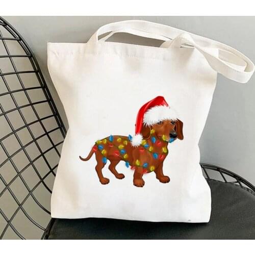2021 Shopper Dachshund Santa Christmas Printed Bag Harajuku women Shopping Bag Canvas girl handbag Tote Bag Shoulder Lady Bag