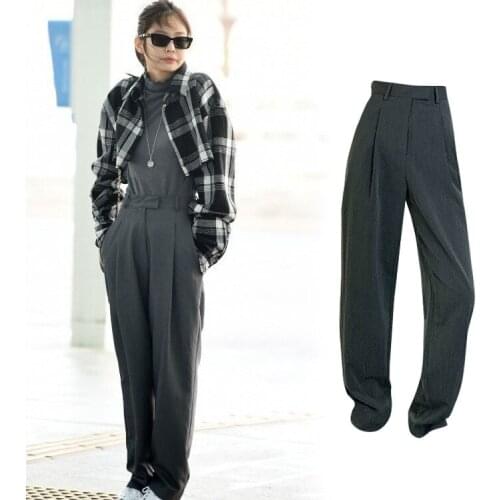 Kpop Korean Retro Fashion Womens Oversize Pants Office Solid Straight Casual Pants Vintage High Waist Wide Legs Ladies Trousers