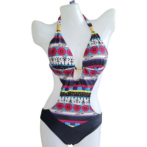 Bohemian print one piece Keeny swimsuit, adjustable high waist and neck VS046
