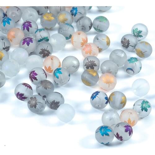 Maple leaf Frosted Transparent Colorful Painted Printed Glass Beads DIY Handmade String Beads Bracelet Necklace Making Beads