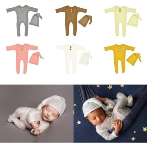 2 Pcs Mohair Baby Romper Hat Set Newborn Photography Props Knitted Wool Bodysuit Long Tail Cap Kit Infants Costume
