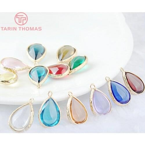 10PCS 22x14MM 24K Champagne Gold Color Brass and Glass Tear Drop Shape Charms Pendants Diy Jewelry Findings Accessories