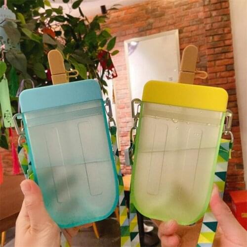 Summer Plastic Straw Popsicle Water Bottle Cute Ice Cream Water Bottle Portable Kids Water Bottles For Girls With Strap Straw