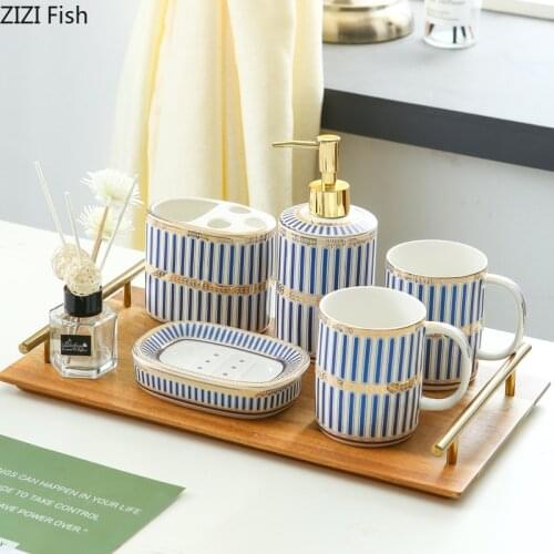 Striped Gold Plated Ceramics Bathroom Accessory Set Toiletry Tools with Tray Soap Dishes Toothbrush Cup Toiletries Supplies