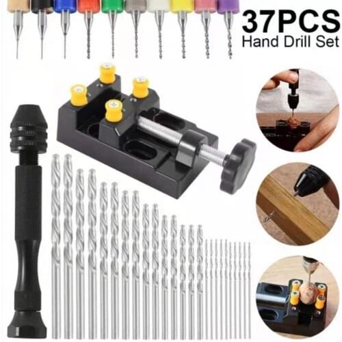 37pcs Hand Drill Set Include Pin Vise Hand Drill with Mini Drills Twist Drills and Bench Vice for Craft Carving Diy