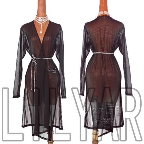 New Latin dance dress competition dress show Dress Adult custom black coat with diamond belt