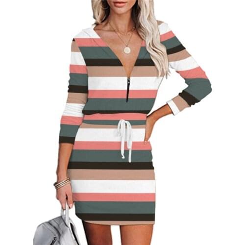 Autumn Striped Print V Neck Zipper Hooded Mini Dress Women Casual Long Sleeve High Waist Lace Up Package Hip Slim Female Dresses