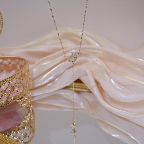 OBEAR 14K Real Gold Classic CZ Star Moon Tassel Necklace for women Elegant Temperament Christmas New Year Jewelry Accessories