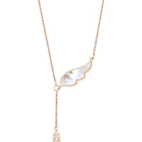 OFFC2 S925 Sterling Silver Angel Wing Necklace Female Rose Gold Tassel Clavicle Chain Fashion Wing Pendant