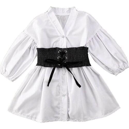 2021Spring Children Clothing Girls Sashes White Shirt Dress Long Sleeve Cotton Children Dress For Toddler 4 5 6 7 8 9 10 11Years