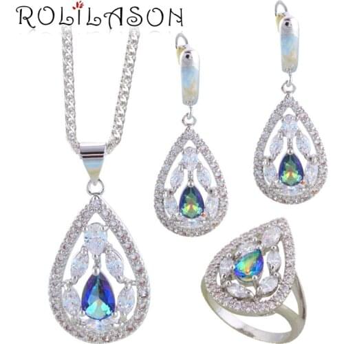 ROLILASON Trendy Hot Sell Water Drop Mutilcolor zircon Silver Stamped Fashion Jewelry Set Earring Necklace Pendant Rings JS687