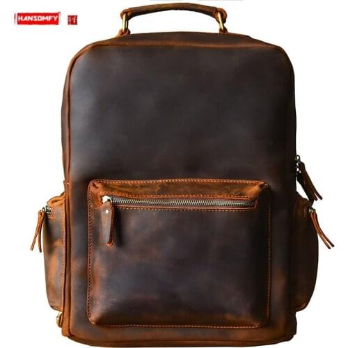 Original crazy horse leather Mens backpack large capacity laptop bag men travel backpacks genuine leather male schoolbags New