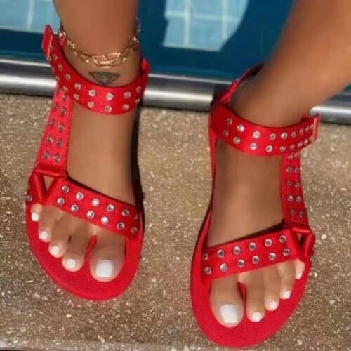 Flat Sport Sandals Women Velcro Rivets Loop Rome Summer Beach Slides Outdoor Ladies Casual Low Heel Shoes Lightweight Non Slip