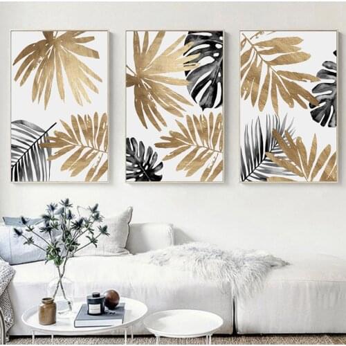 Nordic Modern Style Black Golden Leaves Canvas Painting Plant Minimalism Posters And Prints Wall Pictures For Living Room Decor