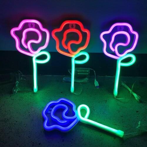 USB Rose Flower LED Neon Sign with Acrylic Back Panel Bedroom Decor Wall Sign Cool Light Party Holiday Neon Light Hanging Lamp