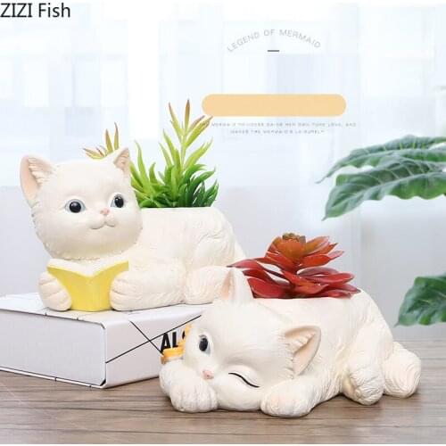 Lovely White Cat Statue Resin Vases Decorative Ornaments Tabletop Vase Kitten Sculpture Painted Crafts Home Decoration Modern