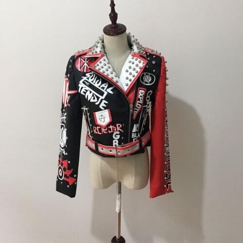 RED Color Women Soft Pu Leather Coats Cartoon Print Leather Jacket Turn-down Collar Punk Rock Cropped Jackets Faux Leather Coat